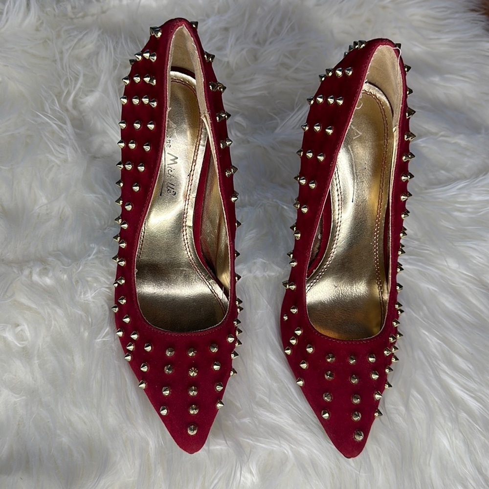 Anne Michelle Red Spike Studs Stiletto High Heel Pumps Pointed Toe Heel.